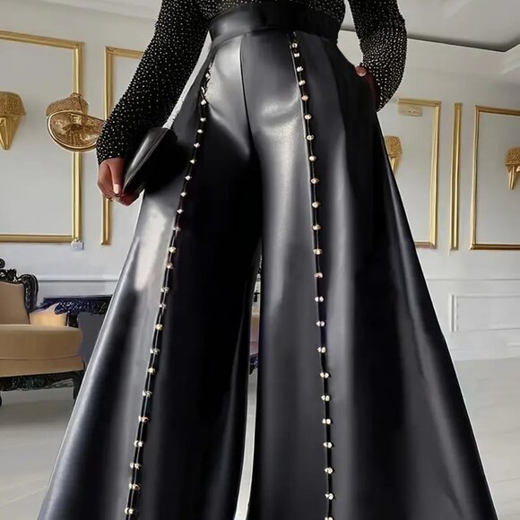 Bling Rhinestones Studded Wide Leg Faux Leather Pants - Picture 2 of 7